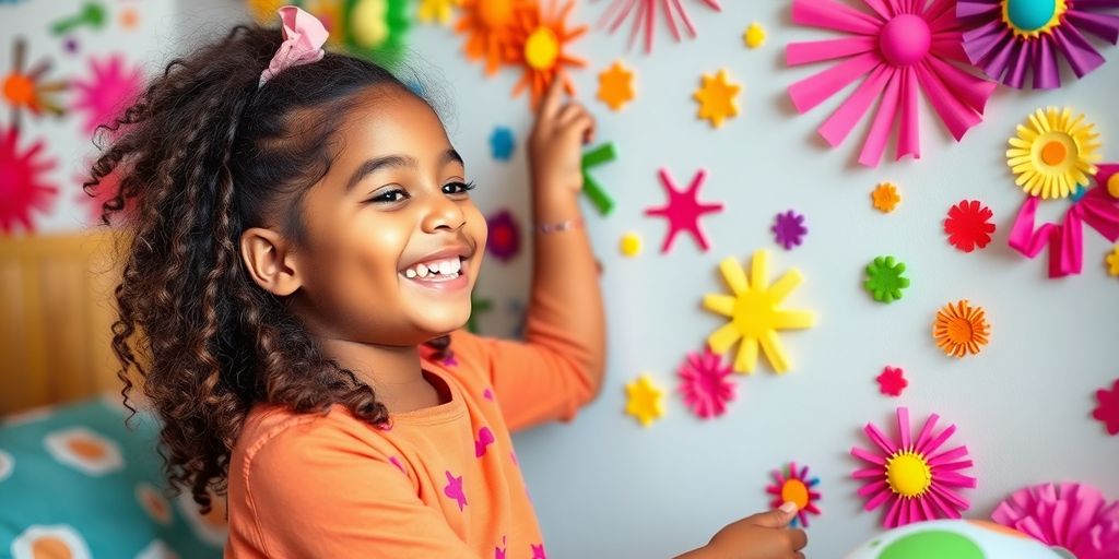 Children happily arranging colorful, unique wall art.