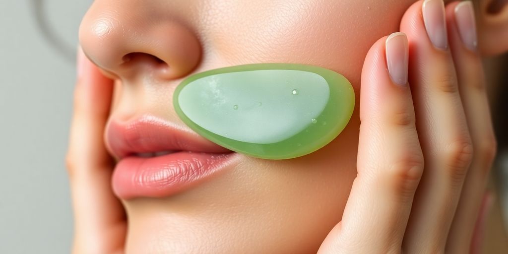 Green jade gua sha stone resting on smooth, glowing cheek