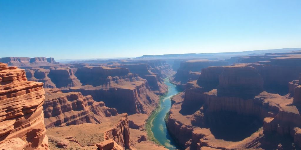 Aerial view of a tour helicopter over a vast canyon.