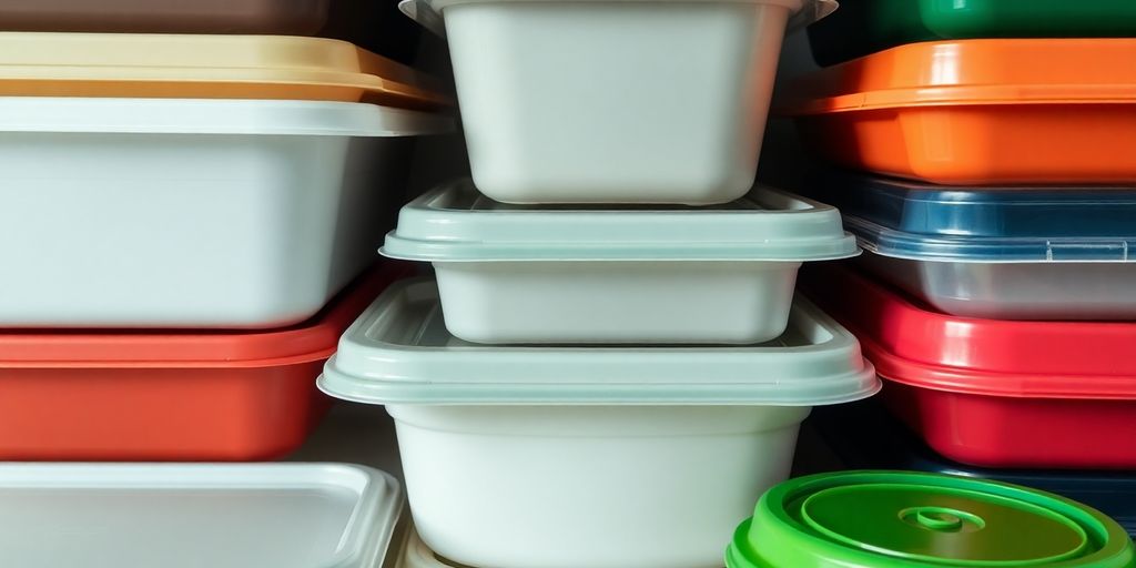Reusable food containers arranged neatly.