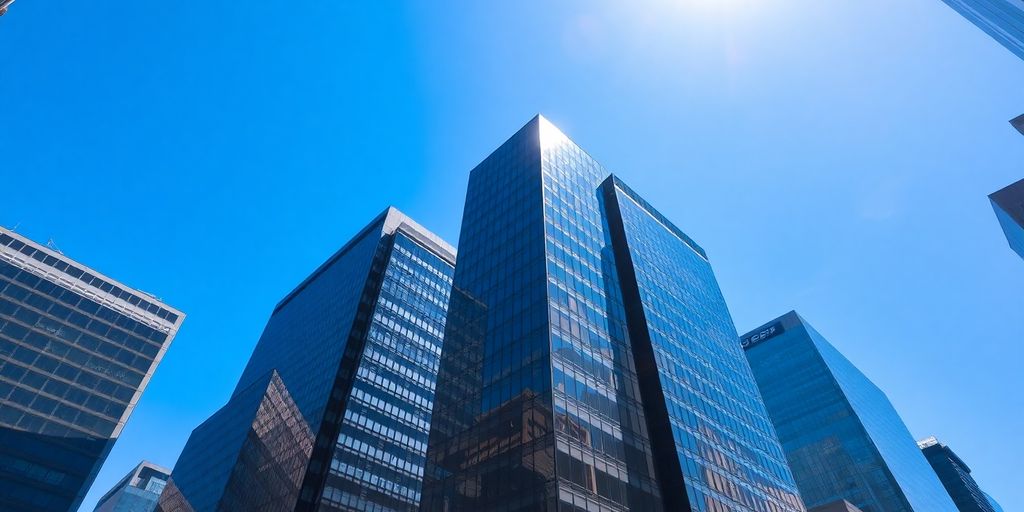 Financial buildings, cityscape, blue sky, and sun.