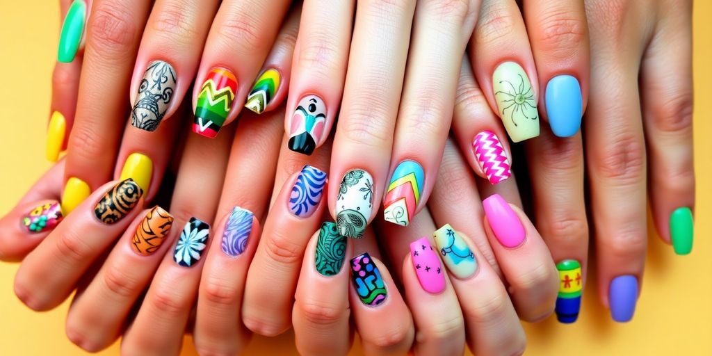 Colorful nails with intricate designs and patterns.