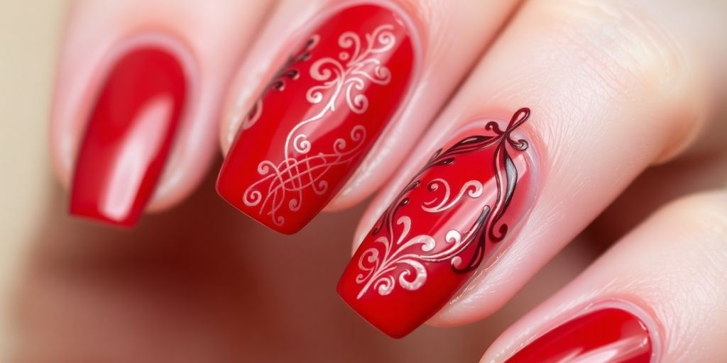 Unhas vermelhas decoradas com designs elegantes e brilhantes.
