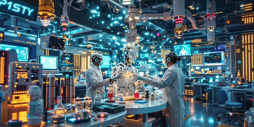 Scientists and AI collaborating in a high-tech lab.