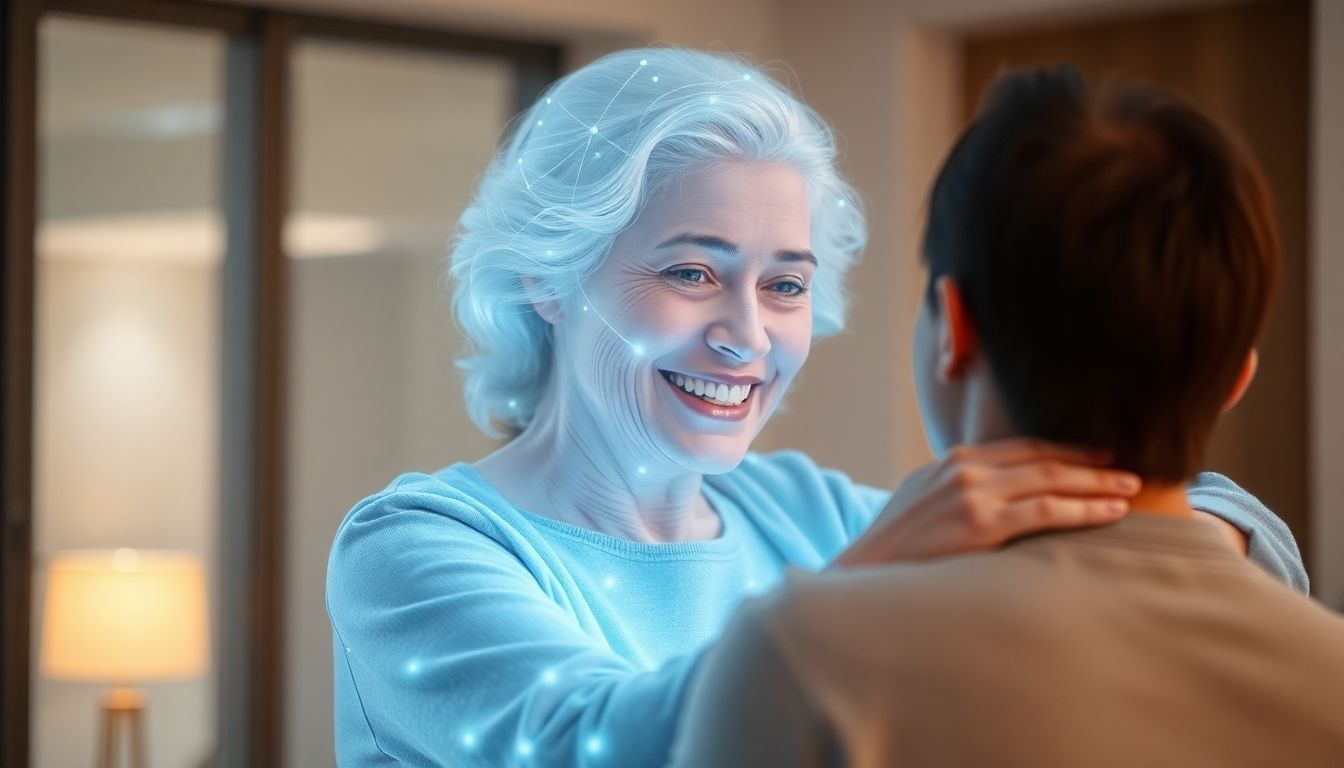 Holographic AI avatar of a deceased person embraces a living person.