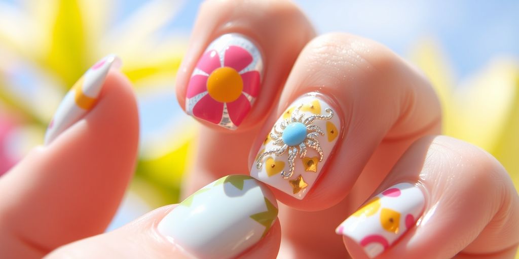 Unhas curtas decoradas com tema de verão e metálicas.