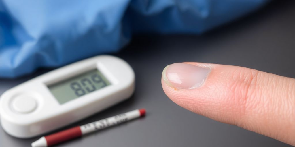 Blood glucose meter with a finger prick.