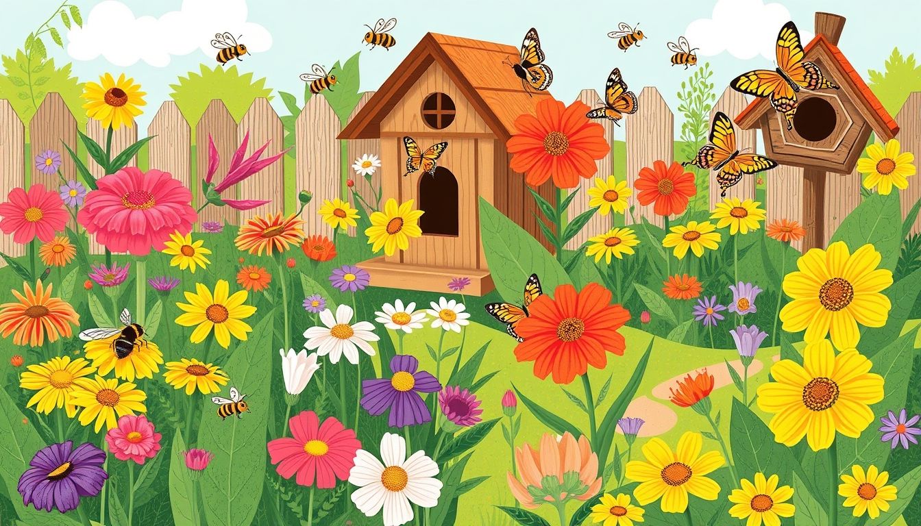 Colorful garden with flowers, bees, butterflies, and birdhouse.