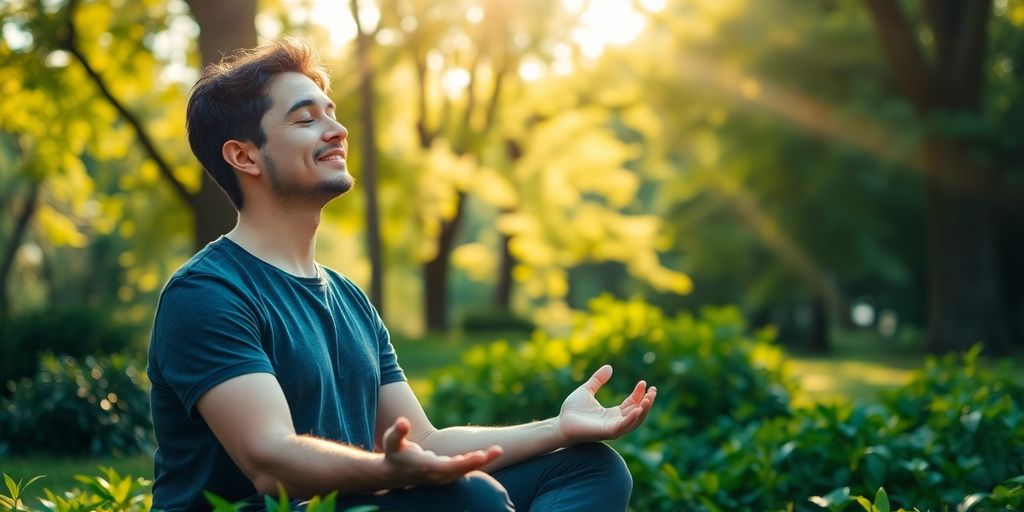 A woman meditating outdoors, balancing work and life.