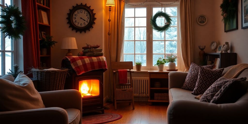 Cozy home interior with a glowing heater for winter.