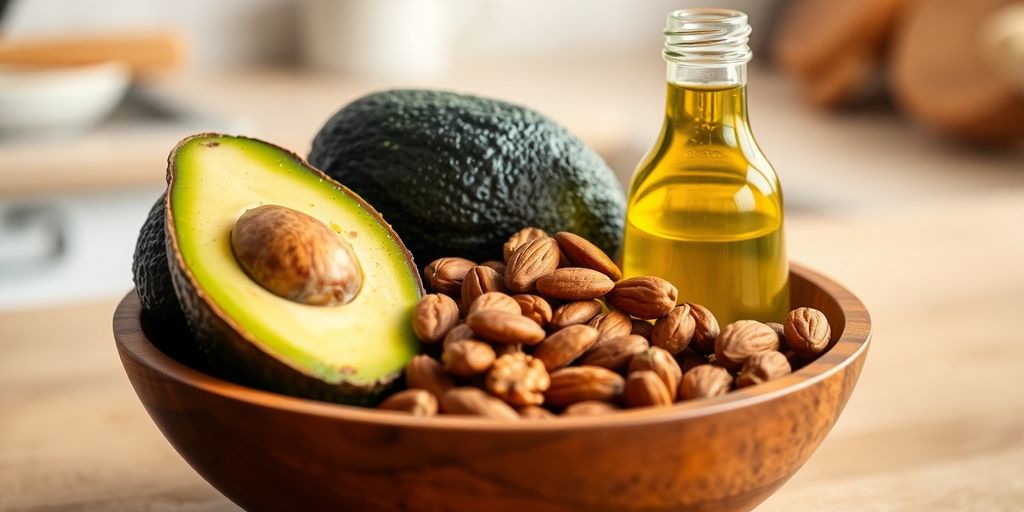 Healthy fats: avocado, nuts, olive oil.