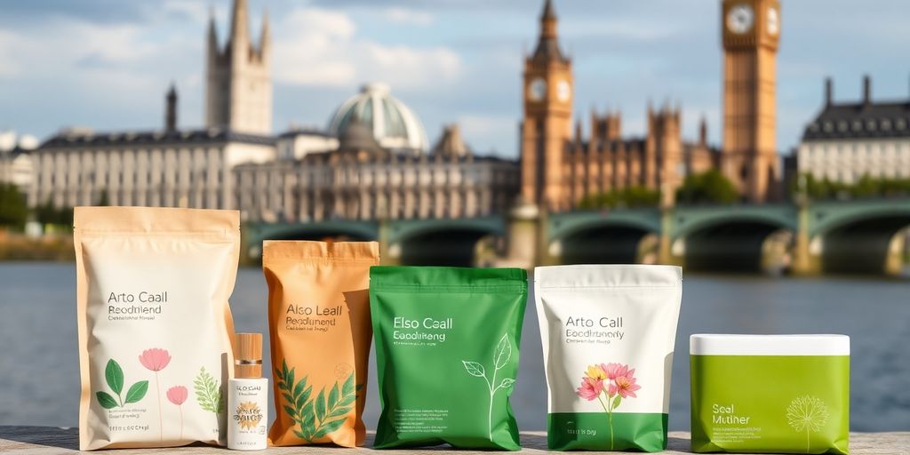 Sustainable packaging materials with London skyline.