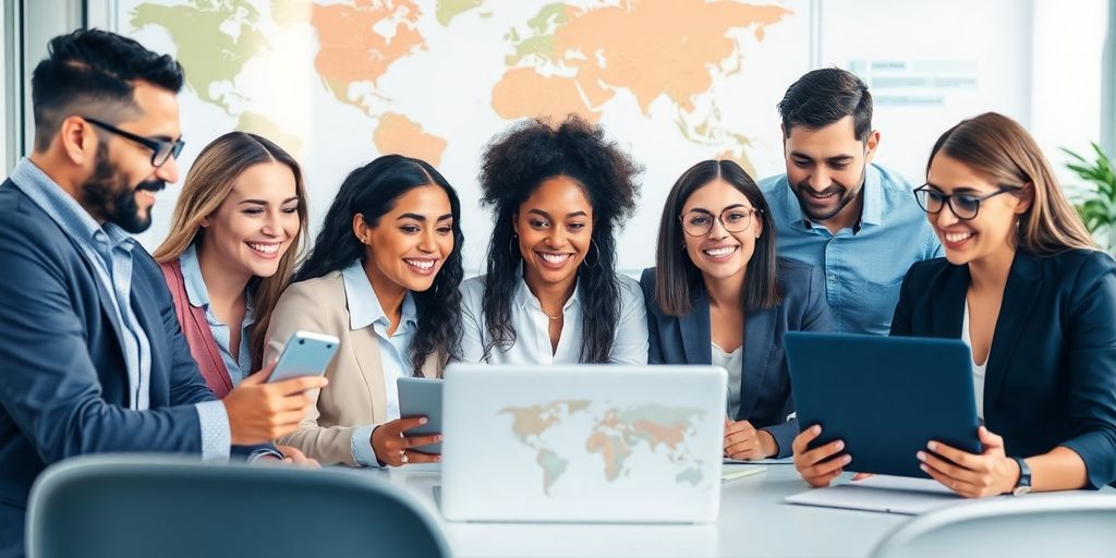 Diverse professionals collaborating in a modern marketing office.