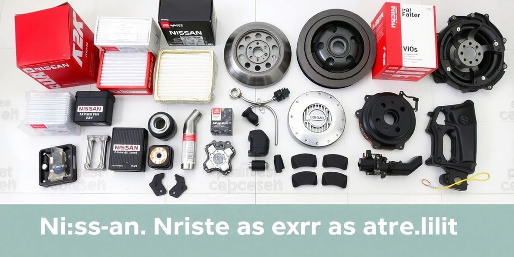 Nissan car parts laid out cleanly.