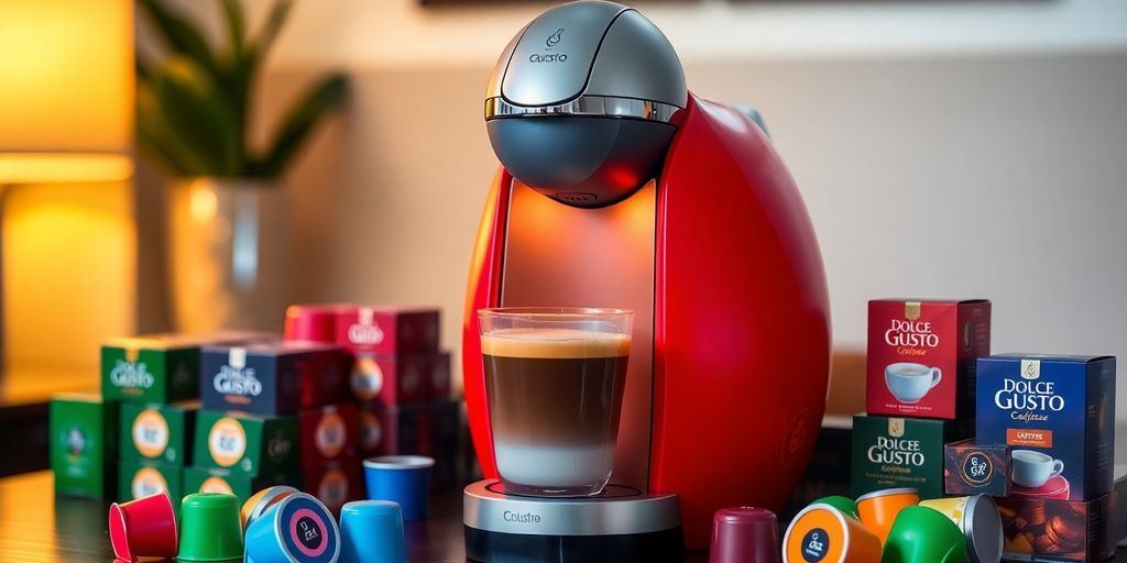 Cafeteira Dolce Gusto com cápsulas coloridas ao redor.
