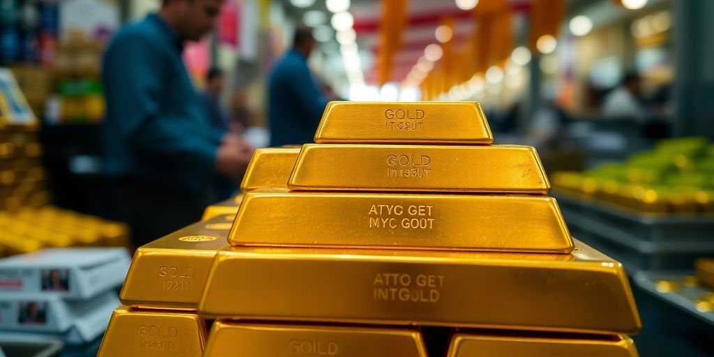 Barres d'or brillantes sur un fond de marché flou.