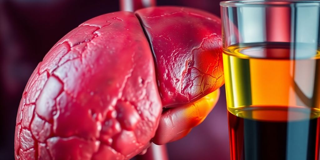 Close-up of a liver and a glass of alcohol.
