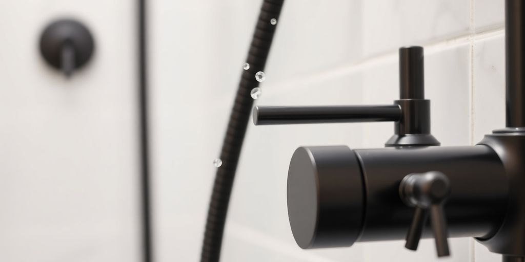 Sleek black shower and tap set in modern bathroom.