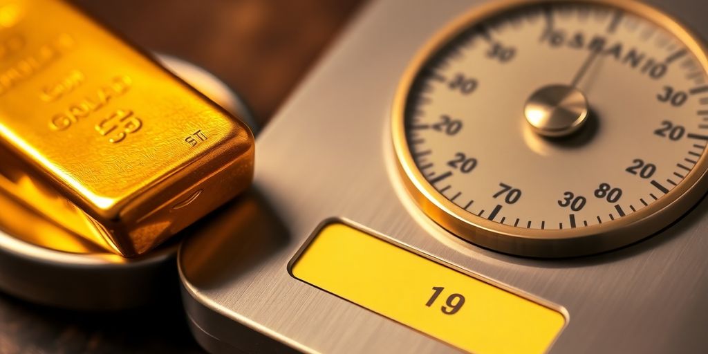 Bouillon d'or et balance de précision en gros plan.