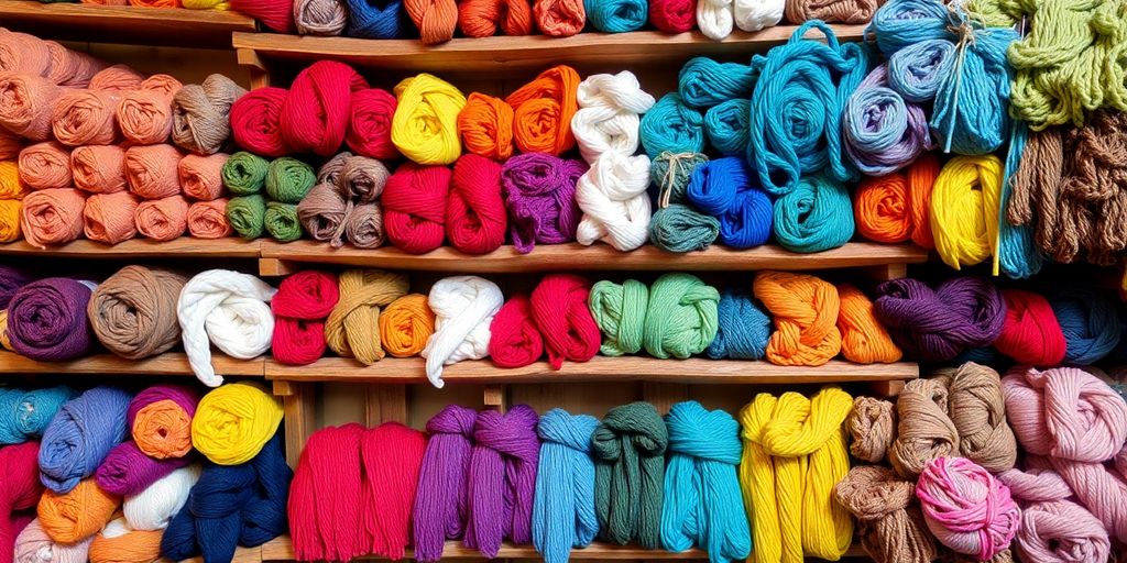 Colorful yarns displayed on wooden shelves.