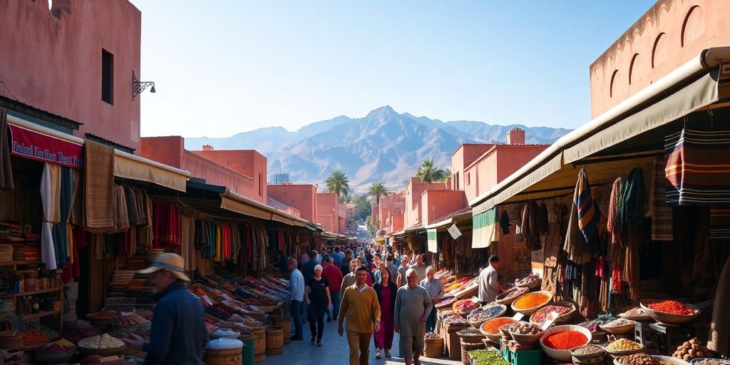 Colorful market in Marrakech with artisans and mountains.