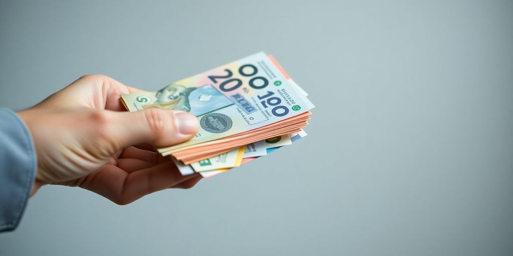 Hands exchanging world currency banknotes.