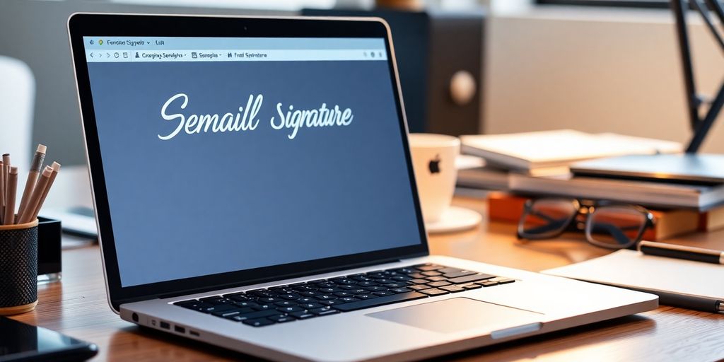 Laptop displaying a sleek email signature in an office.