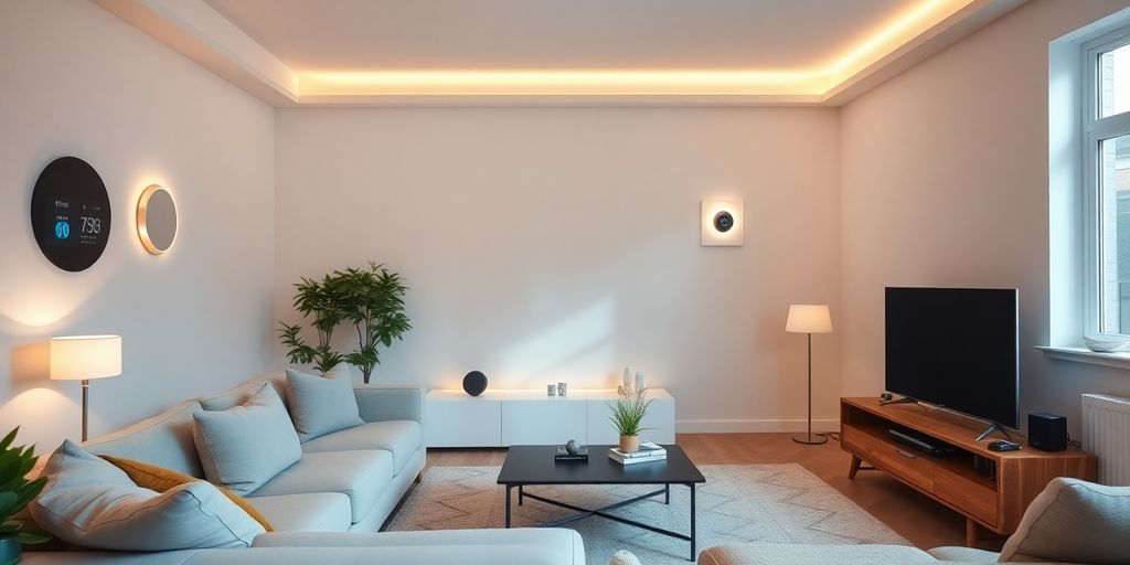 Smart home devices connected with glowing lines.