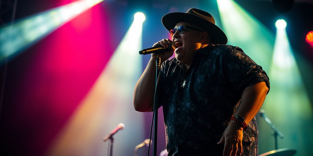 Jelly Roll singing on stage with vibrant lights