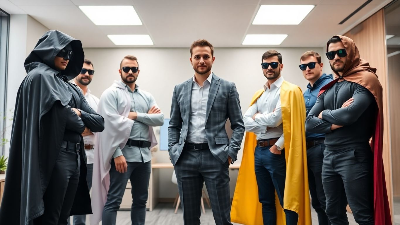 Contrasted flashy costumes with a confident professional in an office