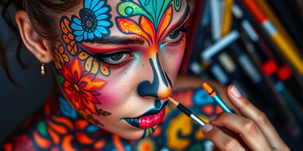 Vibrant body paint designs on skin with artistic tools.