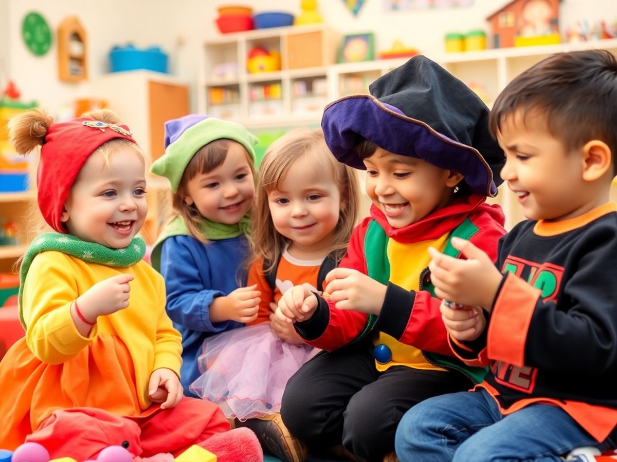 Copii jucându-se roluri în costume colorate.