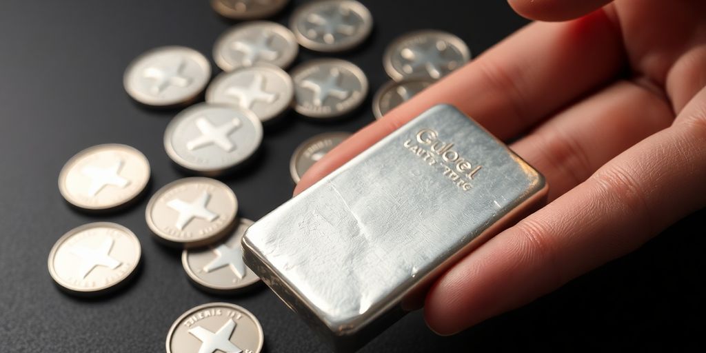 Pièces d'argent brillantes, main tenant lingot.