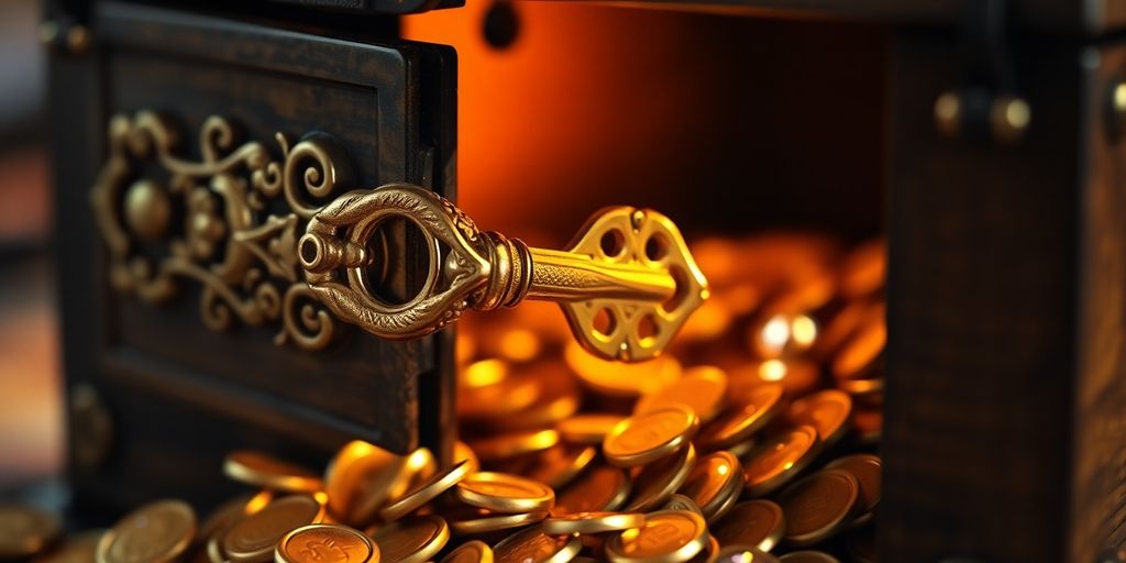Golden key unlocking a treasure chest of coins.