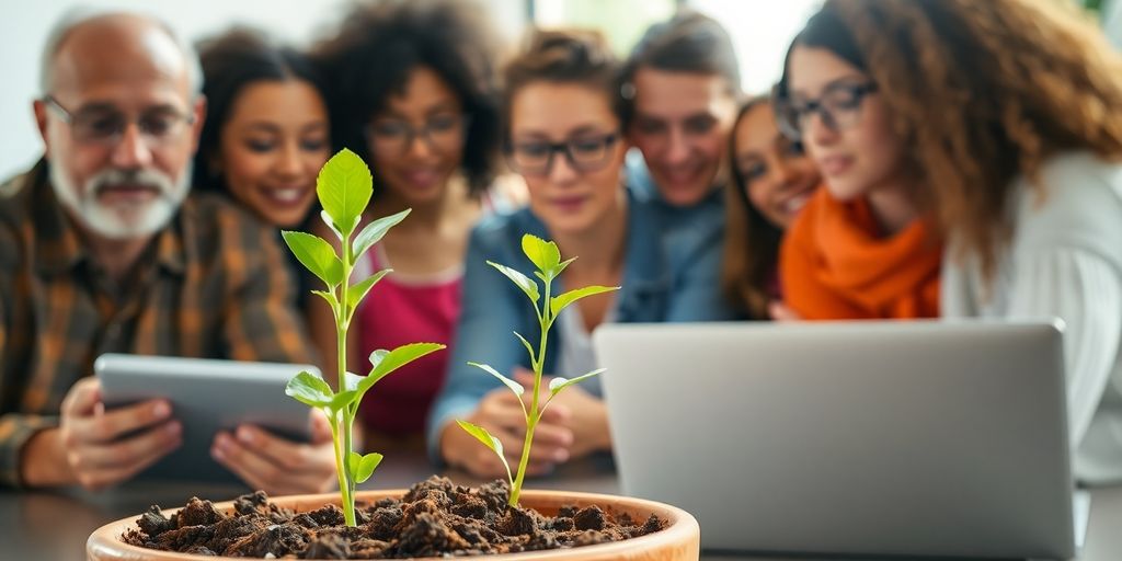 Diverse people reviewing investment data, growing plant.