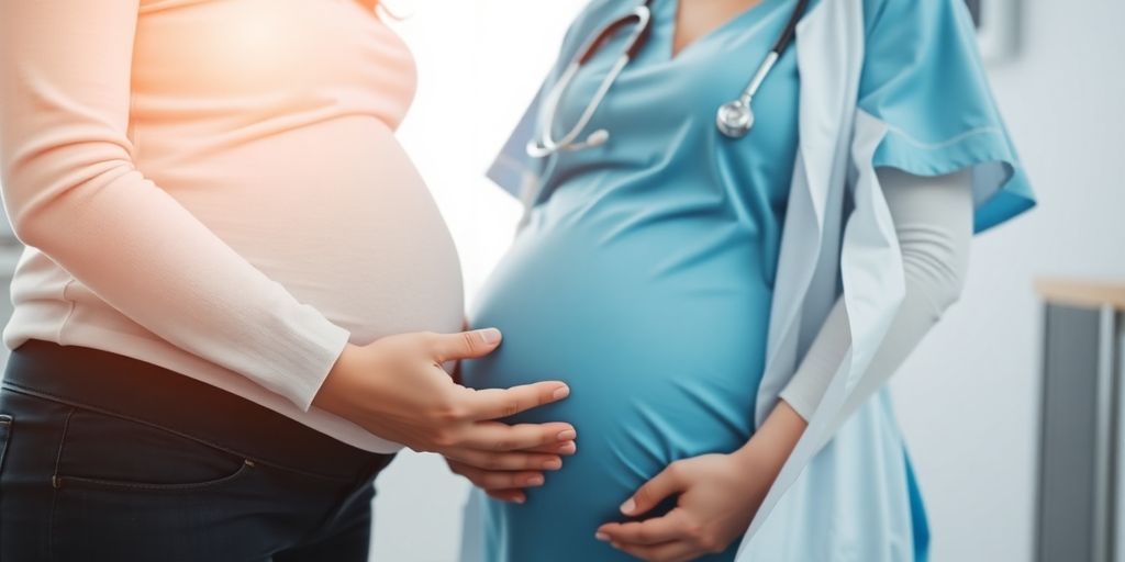 Enfermeira grávida segurando as mãos.