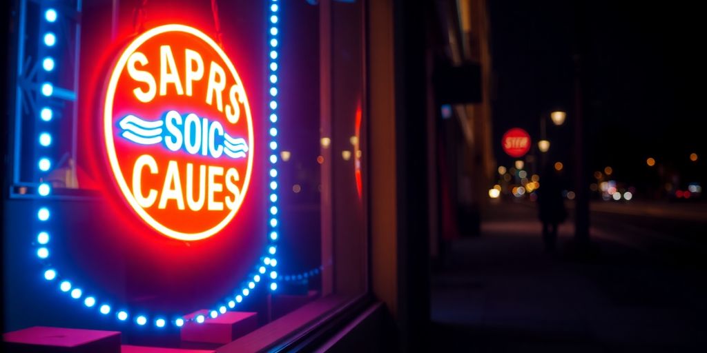 Brightly lit business window at night.