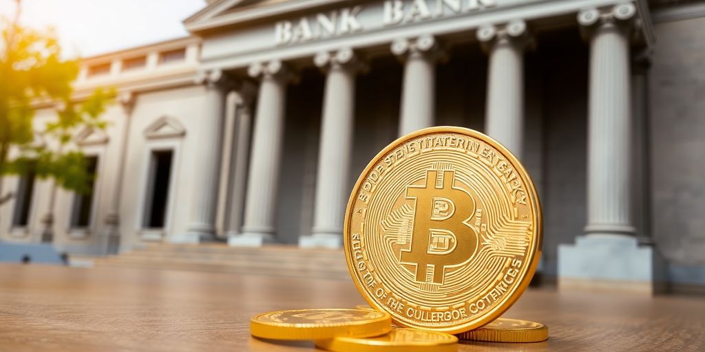 A bank and a gold coin on a table.