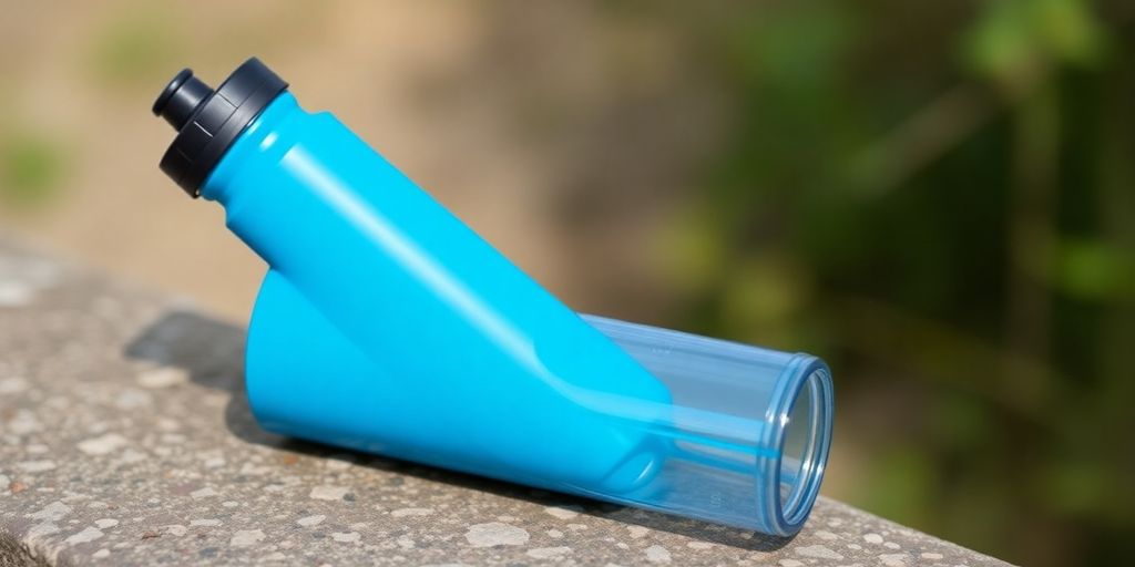 Insulated sports water bottle in vibrant blue, ready for activity.