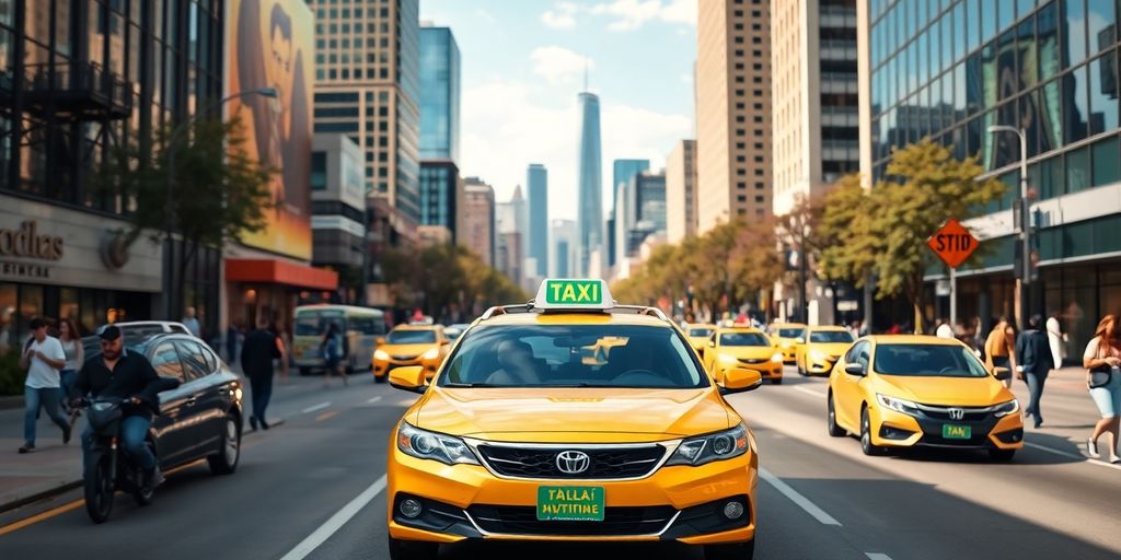 Taxi driving through Dallas-Fort Worth urban landscape.