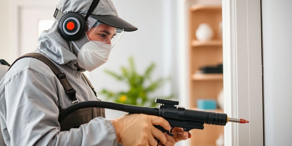 Tehnician deratizare în acțiune, îndepărtând dăunători.