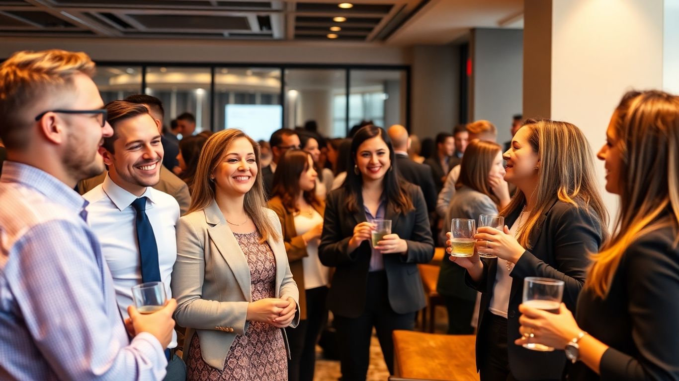 Professionals networking at a modern business event, mingling indoors.