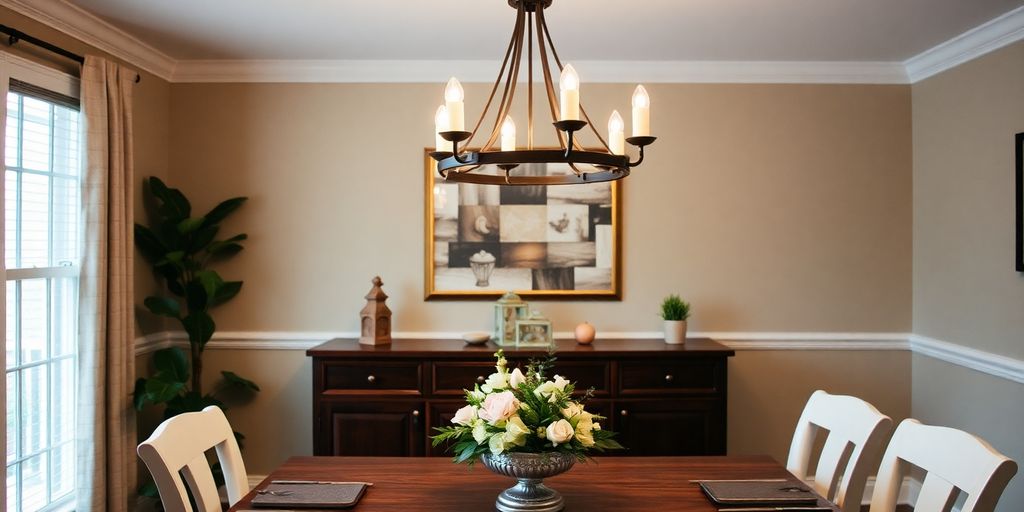 Dining room with chandelier from Home Depot.