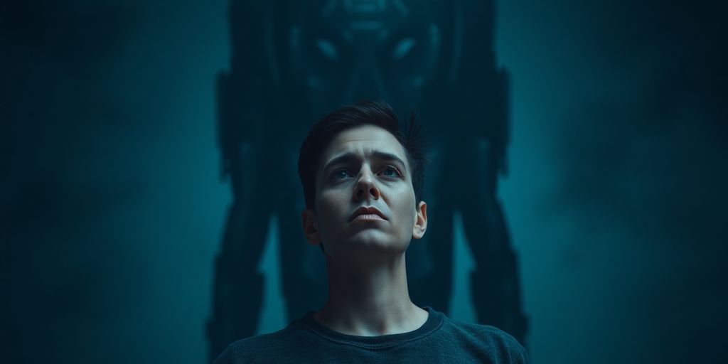 A person looking distressed beside a shadowy, abstract AI form.
