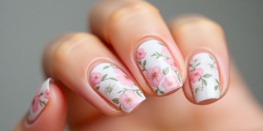 Unhas decoradas com florzinhas delicadas em cores suaves.