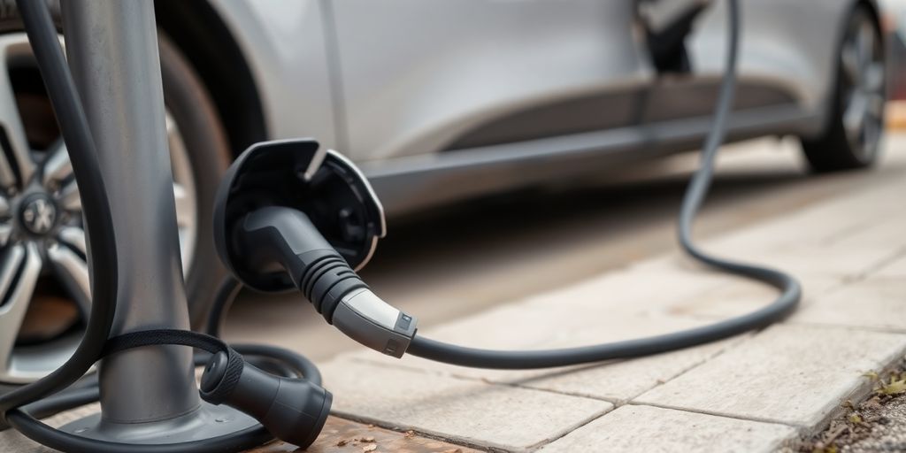 Cut charging cable at an EV station near a car.
