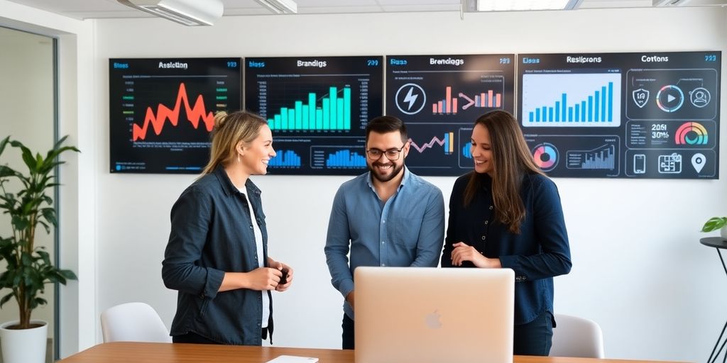 Profissionais de marketing digital em ambiente moderno de escritório.