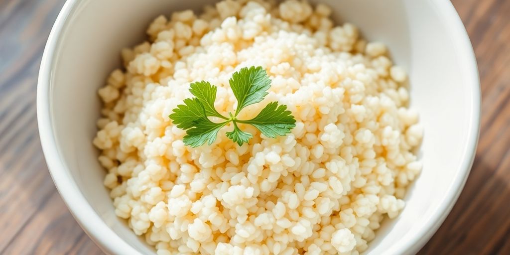 Close-up of cooked quinoa in a bowl.