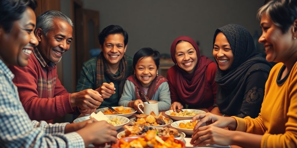 Família unida compartilhando uma refeição alegre.