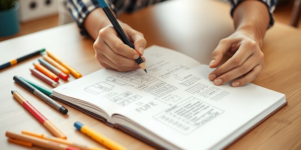 Person sketching business ideas with focused determination.